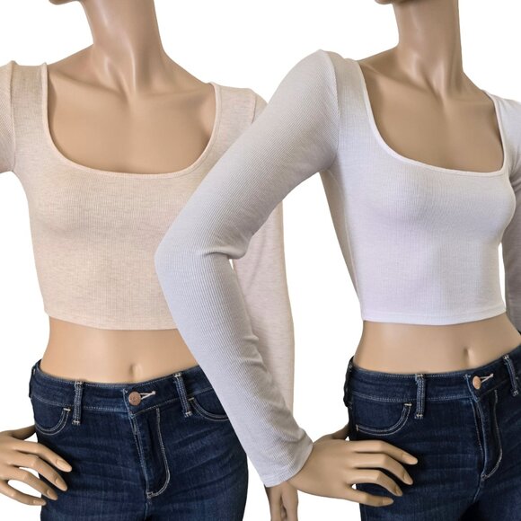 Bo+Tee Ribbed Long Sleeve Cropped Top SZ S Oatmeal & White 2 pc - Picture 1 of 13